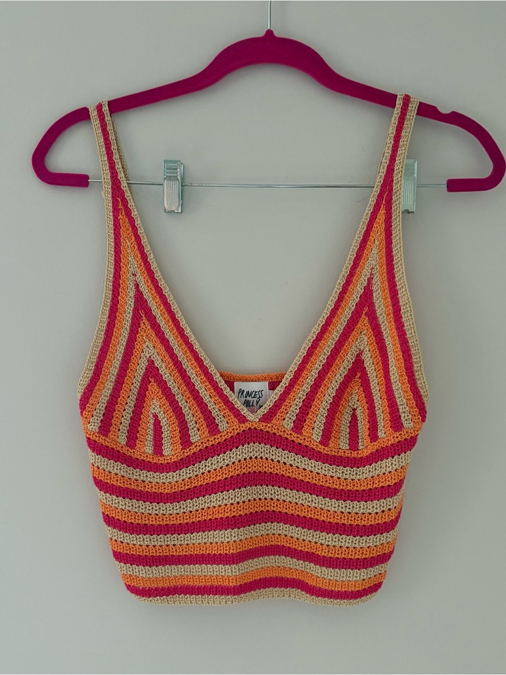 Princess Polly Striped Crochet V-Neck Tank - Pink, Orange, Cream